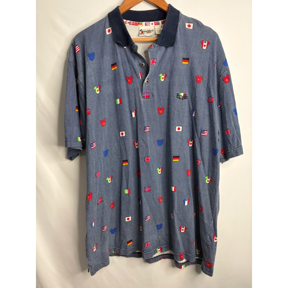 VTG Walt Disney World Epcot World Showcase Flag Mickey Polo Shirt Mens XXL Navy